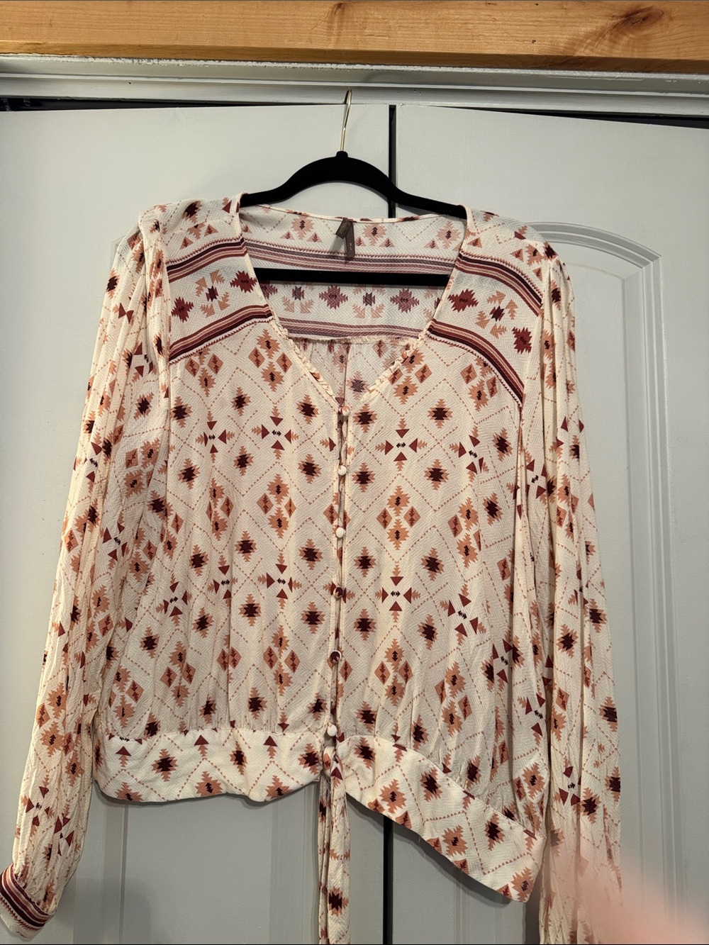 Stetson Cream Button-Front Top with Rust Aztec Print